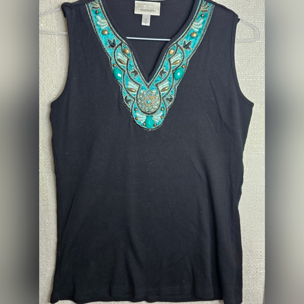 DressBarn Green Stone Embellished Boho Sleeveless Top XL Statement Neckline